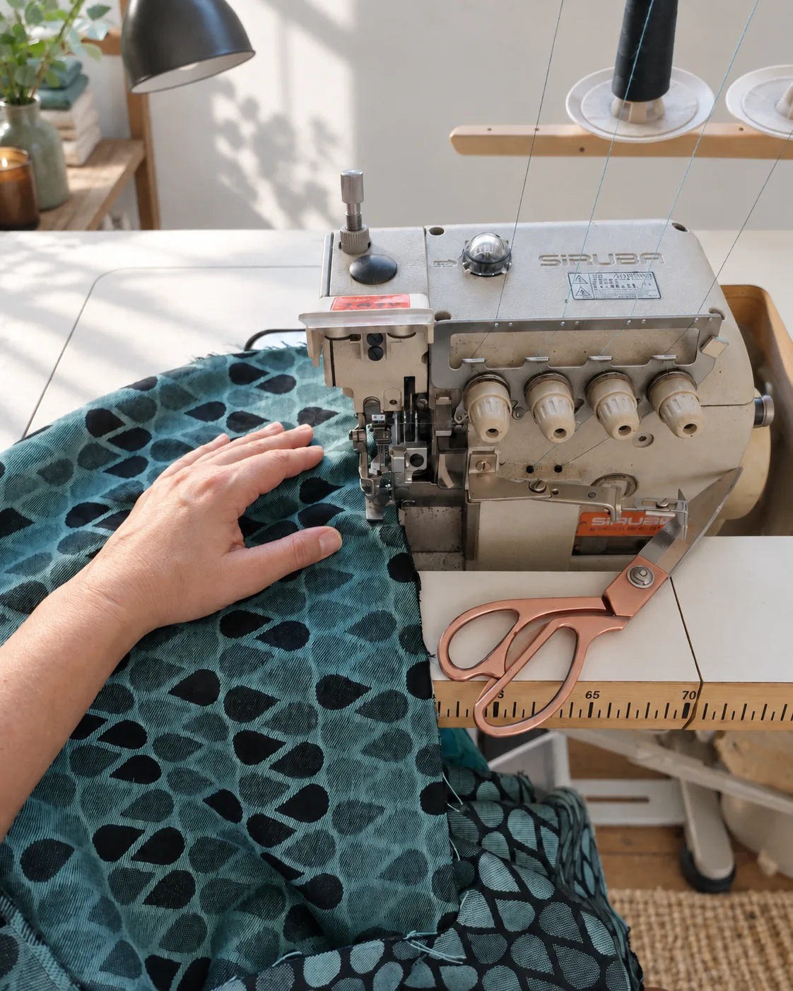Overlock Siruba w pracowni — szycie tkaniny w pawim wzorze